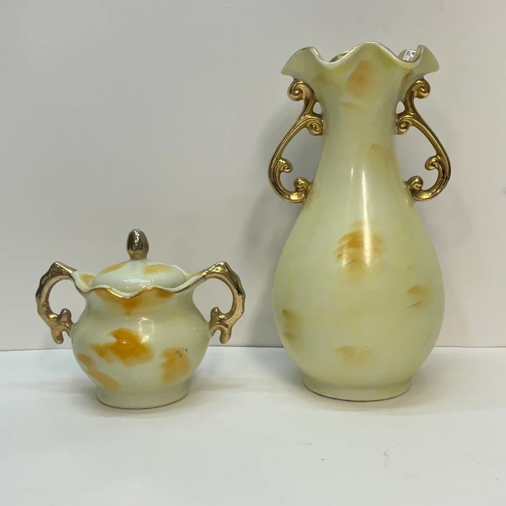 Vintage Enesco‎ Japan Ceramic Fruit Vase and Sugar Bowl Set Gold Trim E2350